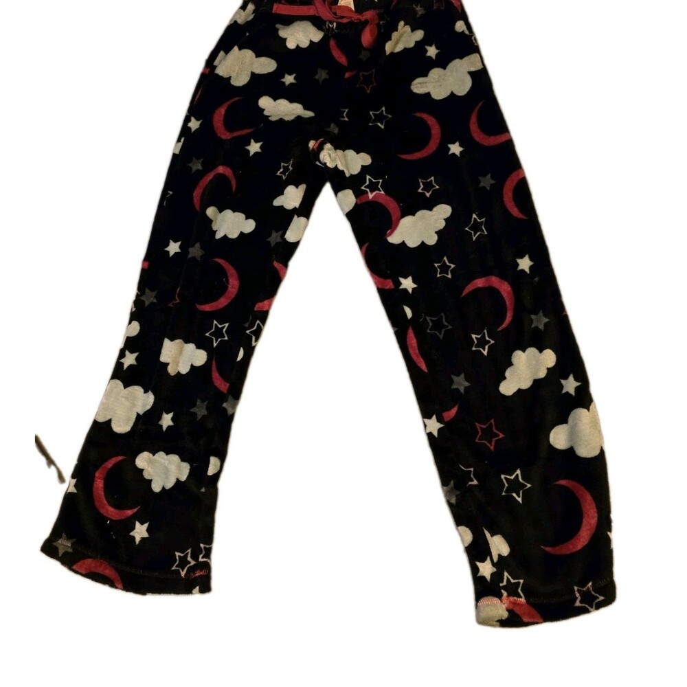 Faded Glory Plush Pajama Pants Lg 12-14 Black Pink Celestial Moon Cloud Fleece